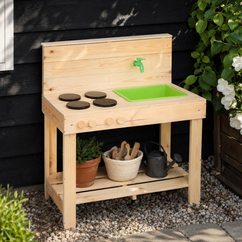 Houten modderkeuken met kraan - buiten speelkeuken - 1